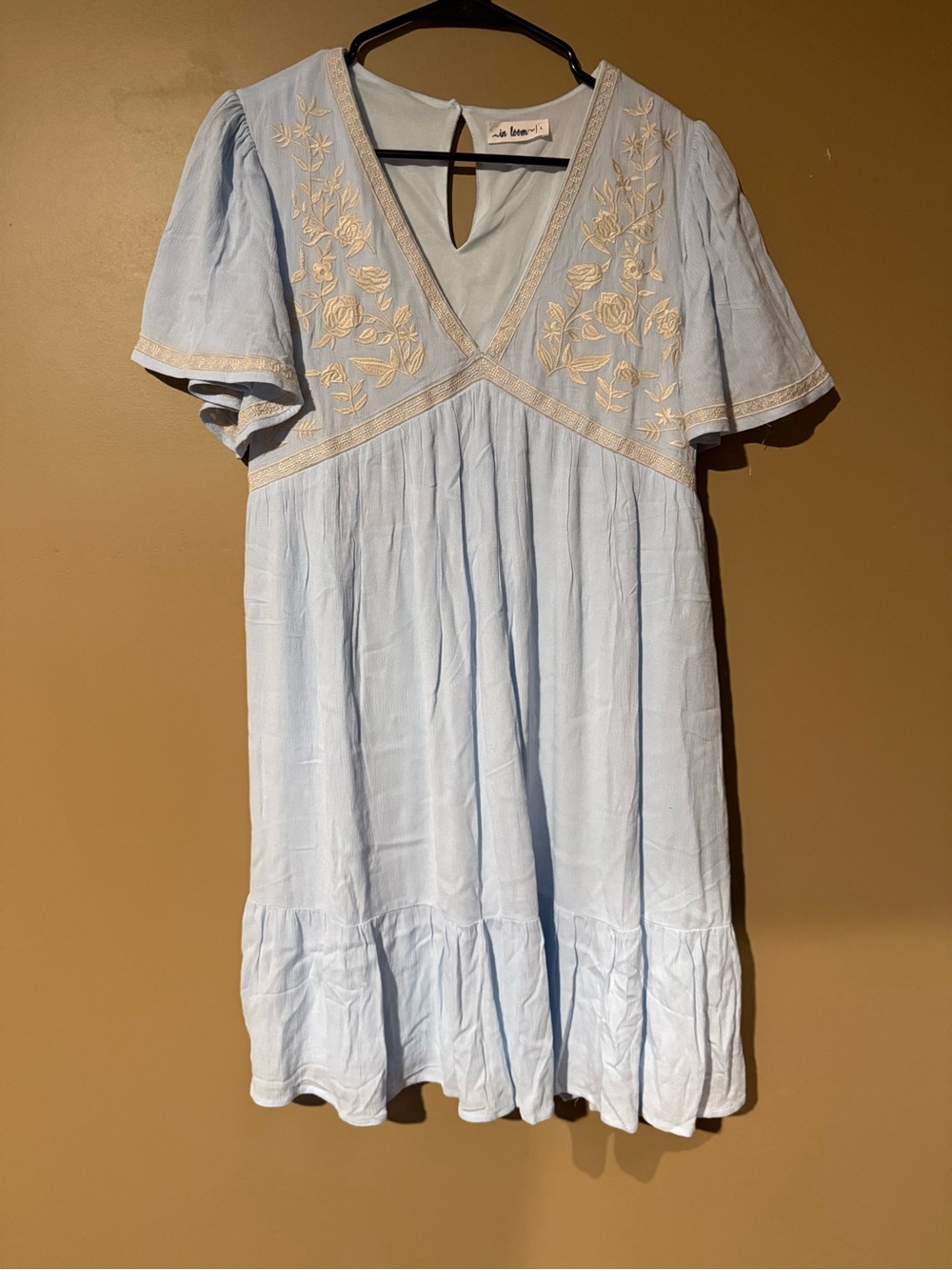 Light Blue Wmpire Waist Embroidered V-Neck Dress | Three Bird Nest